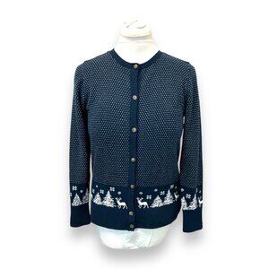 L.L. Bean XSP Navy Holiday Cardigan Sweater Snowflakes/Reindeer 5% Cashmere